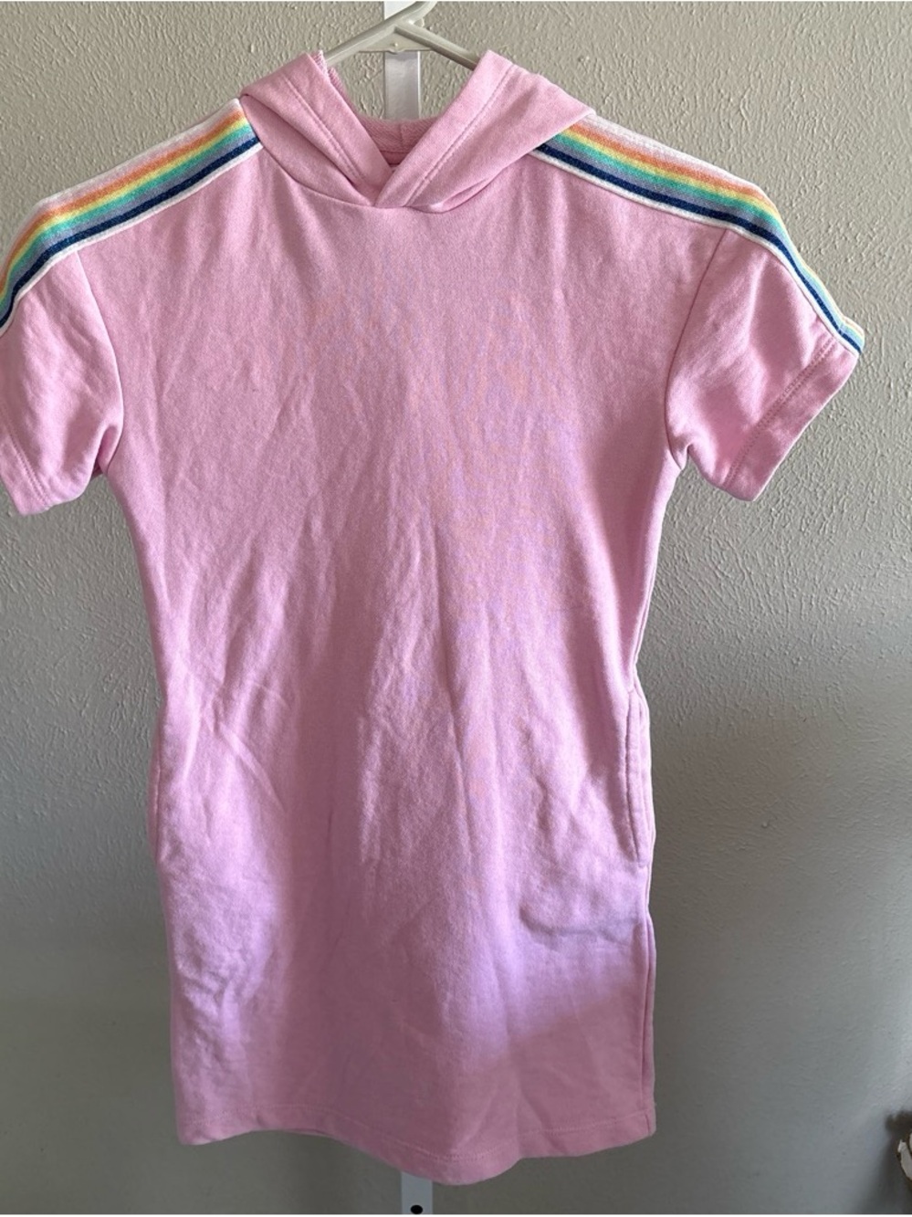 Girls' Pink Hooded Tee Dress with Rainbow Shoulder Trim Size 7-8